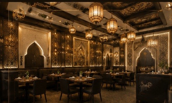 Warm Pakistani restaurant interior